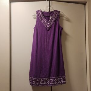 Jacklyn Smith Embroidered Purple Linen V Neck Sleeveless Dress Small Modest